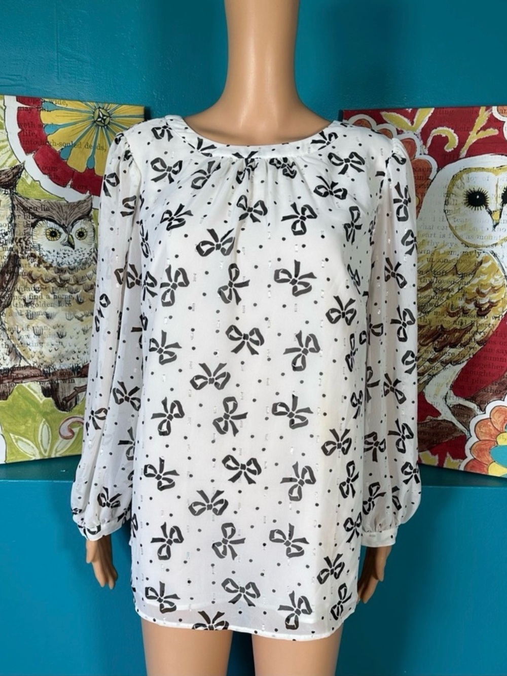 Talbots Blouse White Black Bow Polkadot XL